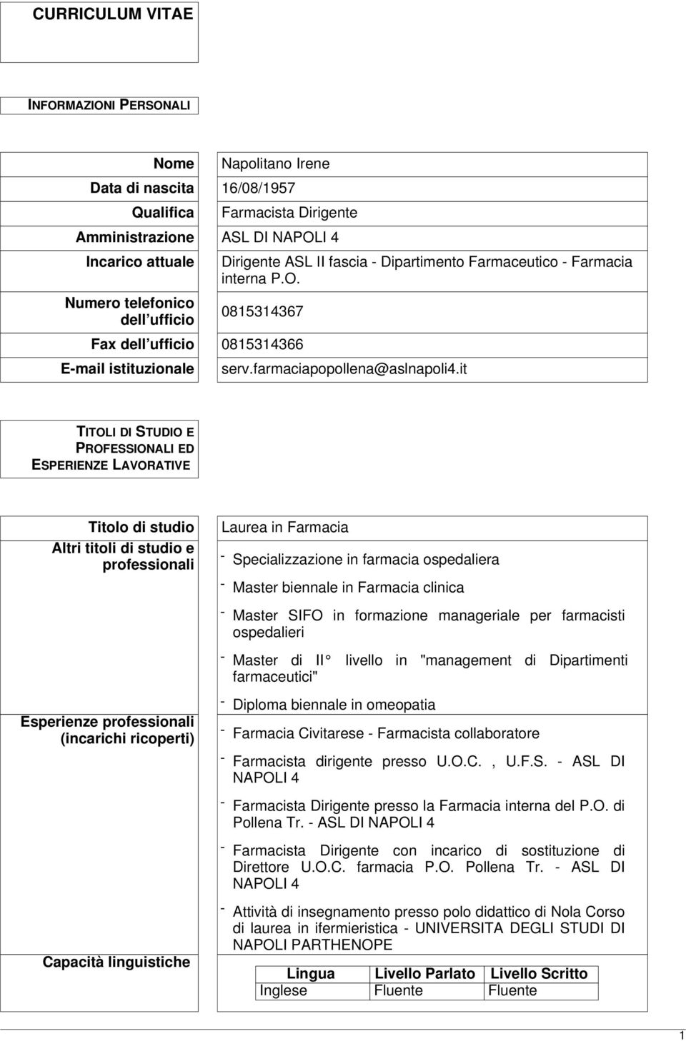 it TITOLI DI STUDIO E PROFESSIONALI ED ESPERIENZE LAVORATIVE Titolo di studio Altri titoli di studio e professionali Laurea in Farmacia - Specializzazione in farmacia ospedaliera - Master biennale in