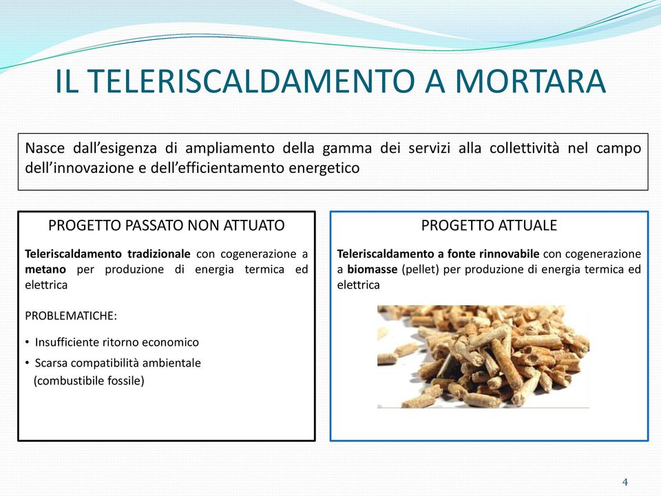 energia termica ed elettrica PROGETTO ATTUALE Teleriscaldamento a fonte rinnovabile con cogenerazione a biomasse (pellet) per produzione