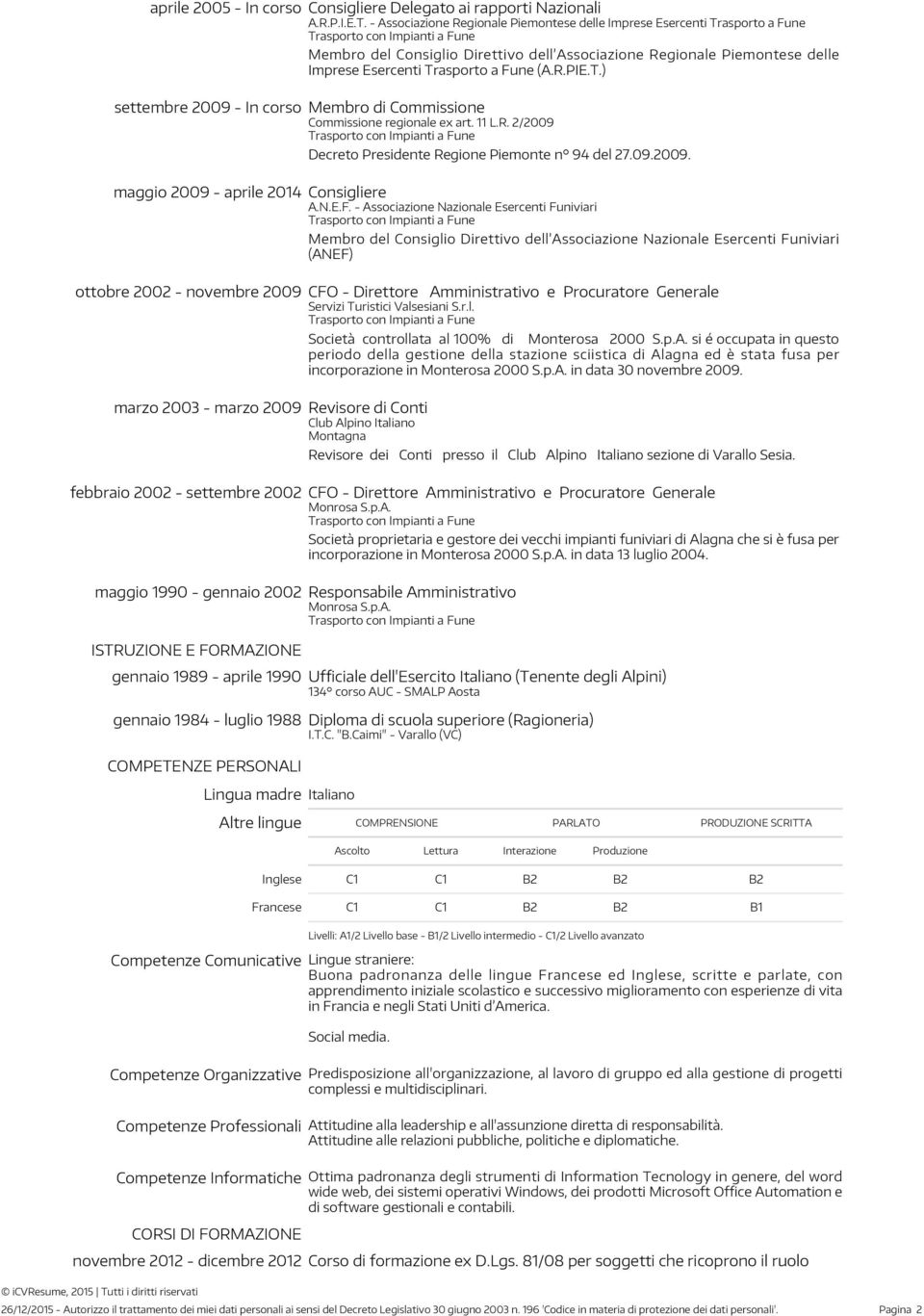 11 L.R. 2/2009 Decreto Presidente Regione Piemonte n 94 del 27.09.2009. maggio 2009 - aprile 2014 Consigliere A.N.E.F.