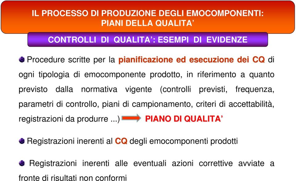 parametri di controllo, piani di campionamento, criteri di accettabilità, registrazioni da produrre.