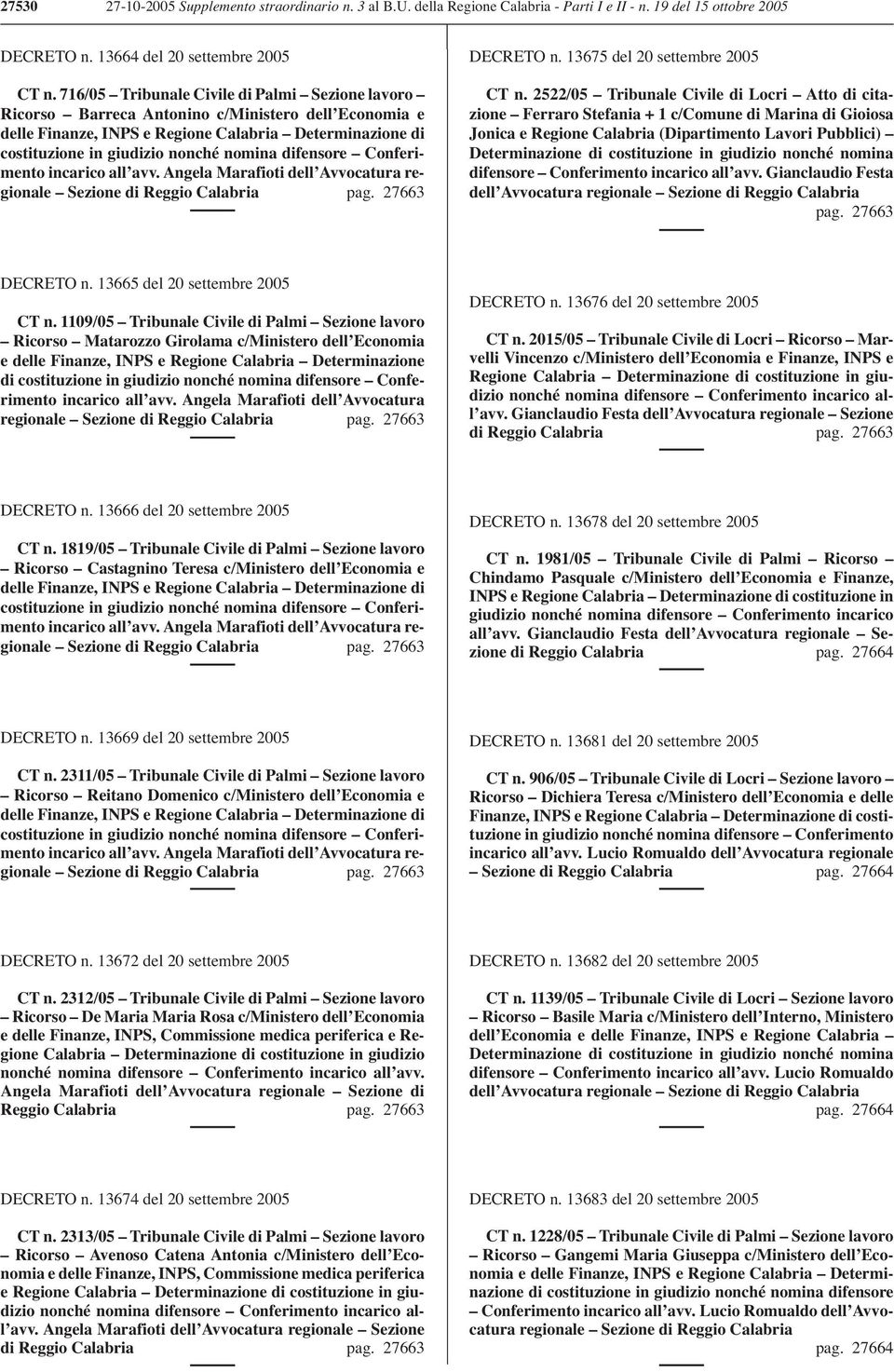 difensore Conferimento incarico all avv. Angela Marafioti dell Avvocatura regionale Sezione di Reggio Calabria pag. 27663 DECRETO n. 13675 del 20 settembre 2005 CT n.