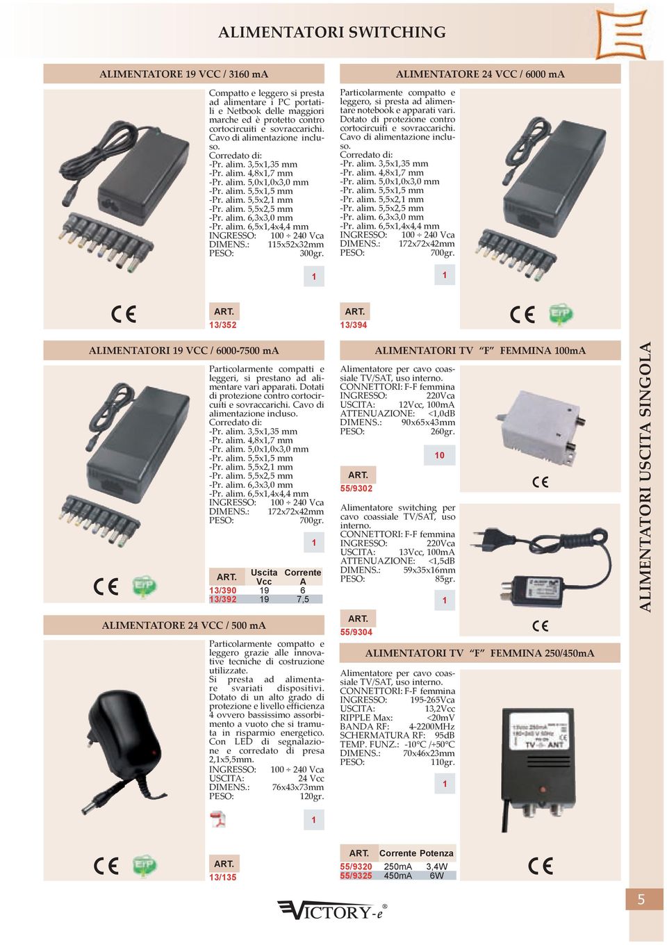 : 5x52x32mm 300gr. ALIMENTATORE 24 VCC / 6000 ma Particolarmente compatto e leggero, si presta ad alimentare notebook e apparati vari. Dotato di protezione contro cortocircuiti e sovraccarichi.