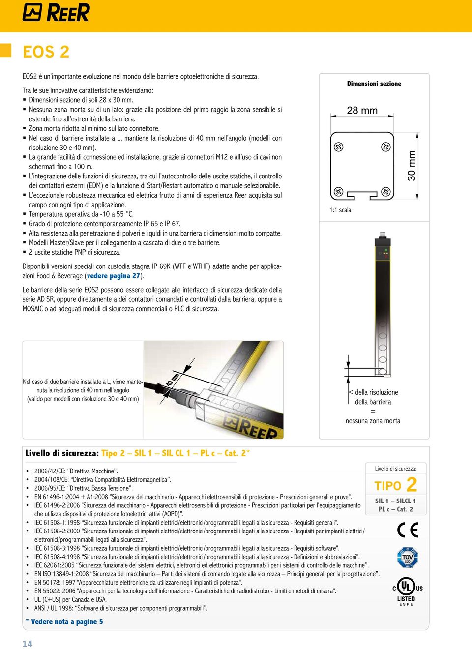 Nel caso di barriere installate a L, mantiene la risoluzione di 40 mm nell angolo (modelli con risoluzione 30 e 40 mm).