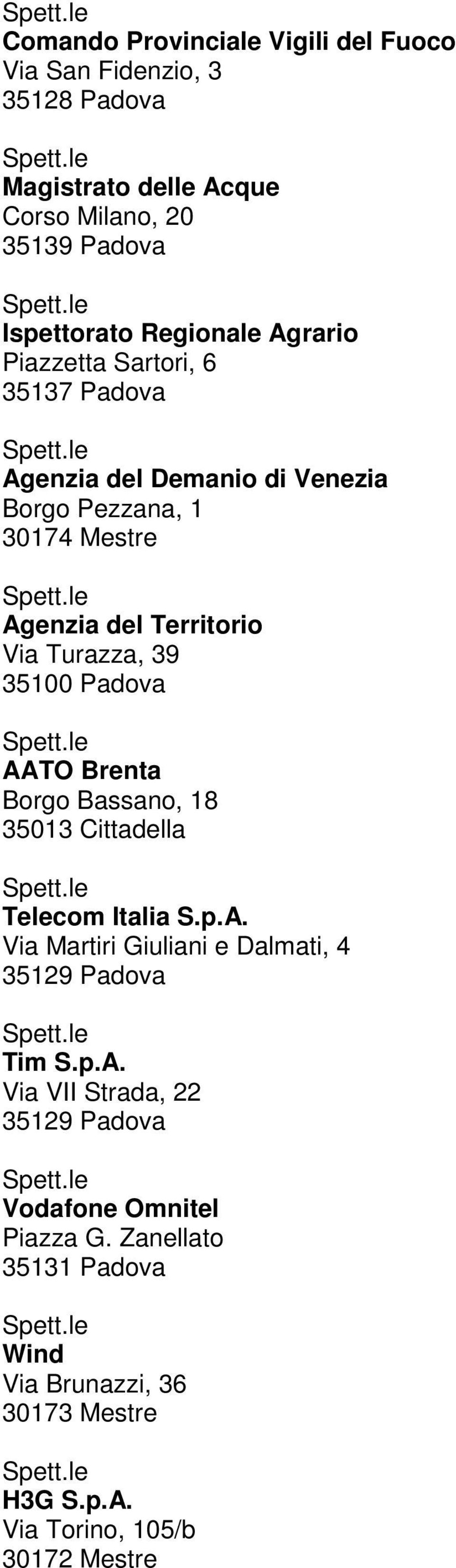 Territorio Via Turazza, 39 AATO Brenta Borgo Bassano, 18 35013 Cittadella Telecom Italia S.p.A. Via Martiri Giuliani e Dalmati, 4 Tim S.