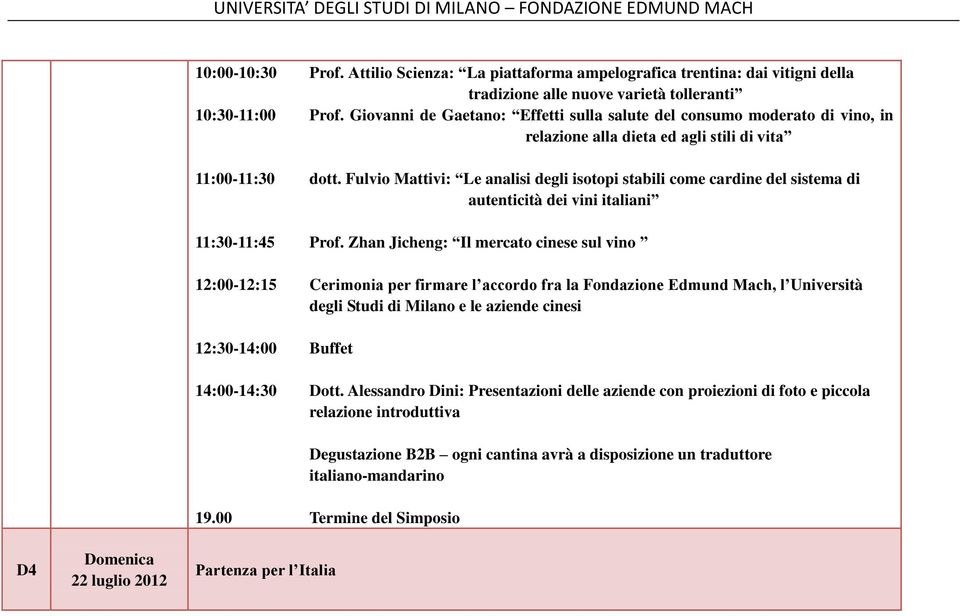 Fulvio Mattivi: Le analisi degli isotopi stabili come cardine del sistema di autenticità dei vini italiani 11:30-11:45 Prof.