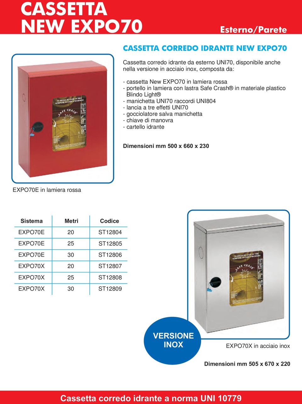 gocciolatore salva manichetta - chiave di manovra - cartello idrante Dimensioni mm 500 x 660 x 230 EXPO70E in lamiera rossa EXPO70E 20 ST12804 EXPO70E 25 ST12805 EXPO70E 30