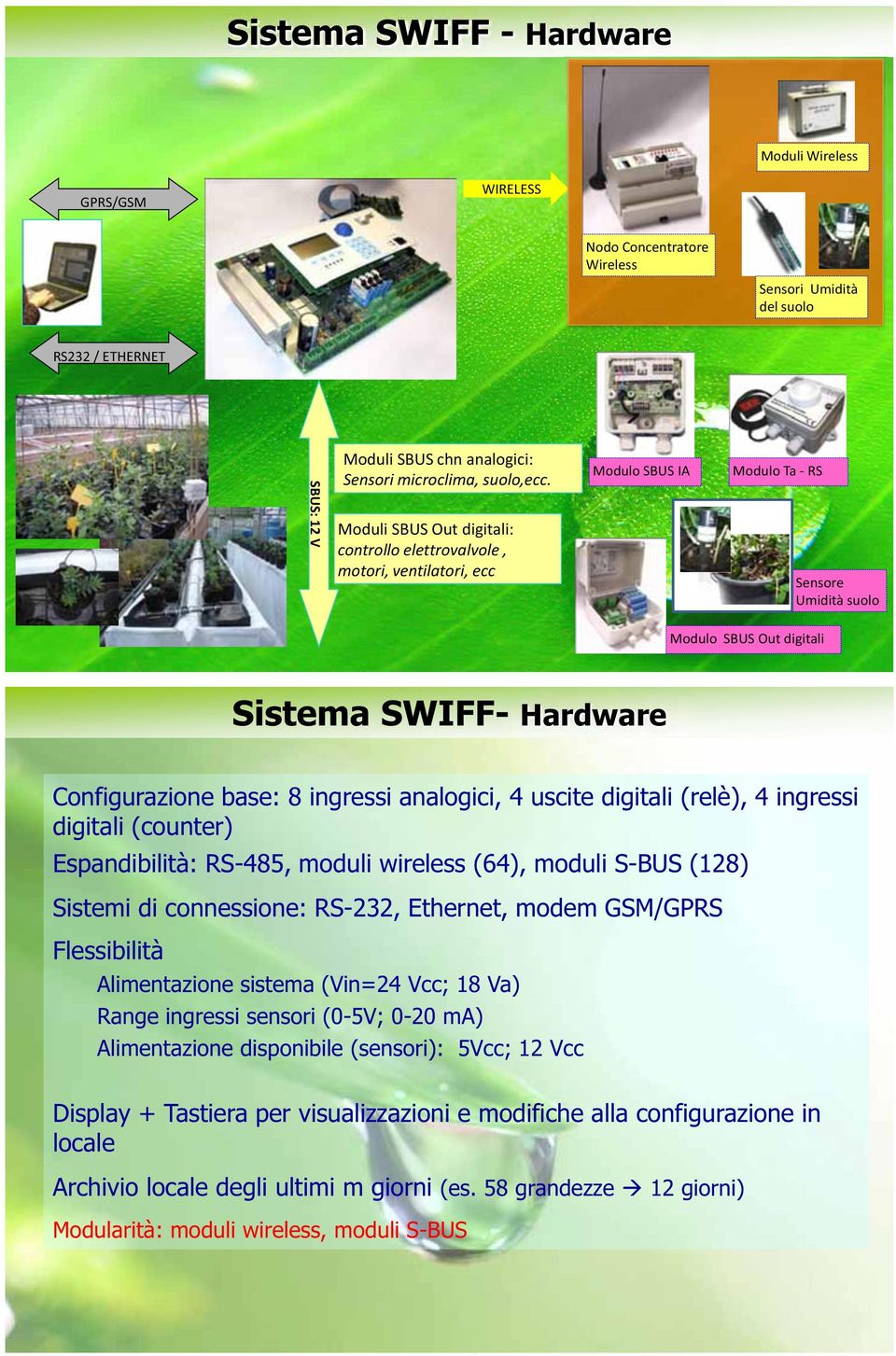 8 ingressi analogici, 4 uscite digitali (relè), 4 ingressi digitali (counter) Espandibilità: RS-485, moduli wireless (64), moduli S-BUS (128) Sistemi di connessione: RS-232, Ethernet, modem GSM/GPRS