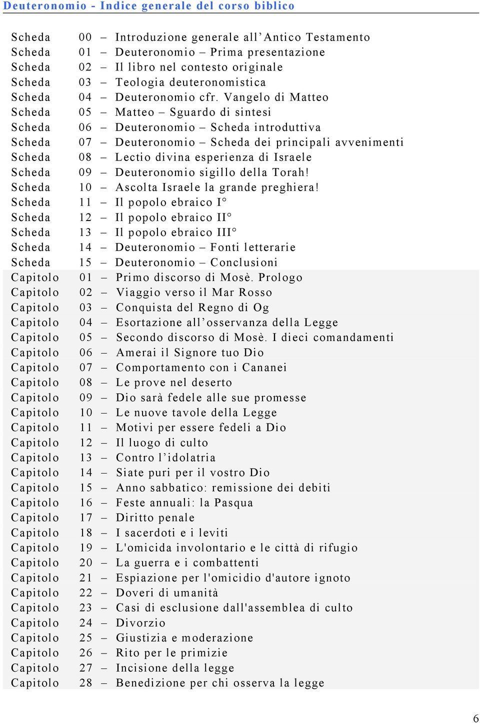 Vangelo di Matteo Scheda 05 Matteo Sguardo di sintesi Scheda 06 Deuteronomio Scheda introduttiva Scheda 07 Deuteronomio Scheda dei principali avvenimenti Scheda 08 Lectio divina esperienza di Israele