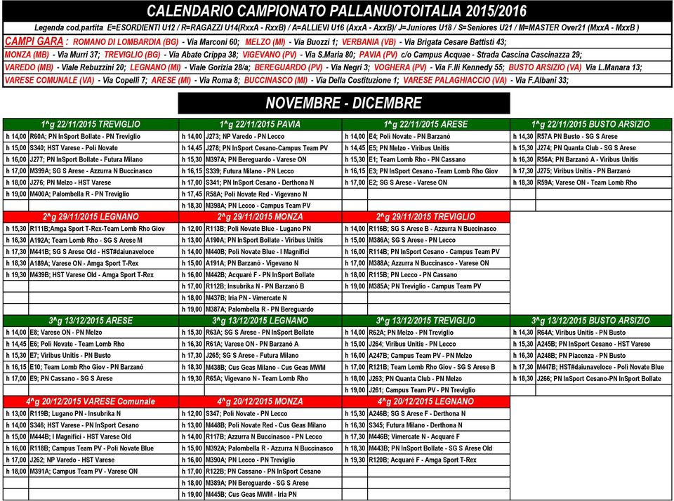 Bereguardo - Varese ON h 15,30 E1; Team Lomb Rho - PN Cassano h 16,30 R56A; PN Barzanò A - Viribus Unitis h 17,00 M399A; SG S Arese - Azzurra N Buccinasco h 16,15 S339; Futura Milano - PN Lecco h