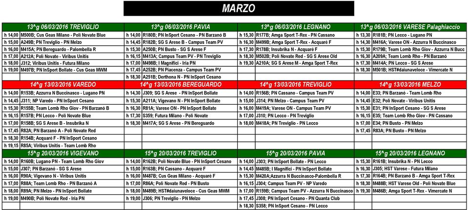 R h 15,30 A250B; PN Busto - SG S Arese F h 17,30 R178B; Insubrika N - Acquarè F h 15,30 R179B; Team Lomb Rho Giov - Azzurra N Bucc h 17,00 A212A; Polì Novate - Viribus Unitis h 16,15 M413A; Campus