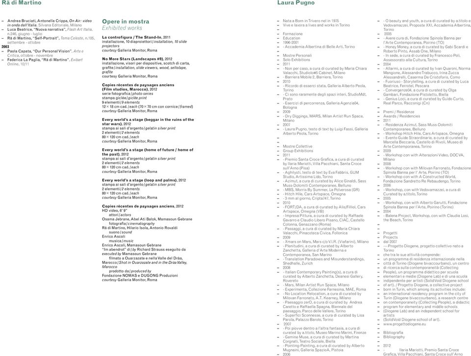 105, settembre - ottobre 2003 Paola Capata, Our Personal Vision, Arte e Critica, ottobre - novembre Federica La Paglia,, Exibart Online, 10/11 Opere in mostra Exhibited works La controfigura / The