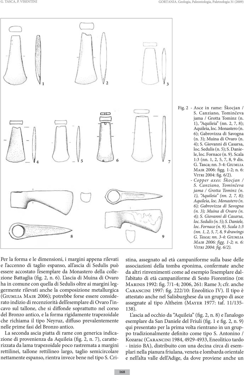 1, 2, 5, 7, 8, 9 dis. G. Tasca; nn. 3-4: Giumlia Mair 2006: figg. 1-2; n. 6: Vitri 2004: fig. 6/2). - Copper axes: Škocjan / S. Canziano, Tominčeva jama / Grotta Tominz (n. 1), Aquileia (nn.