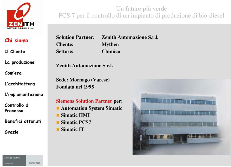 r.l. Sede: Mornago (Varese) Fondata nel 1995 Siemens Solution Partner per: