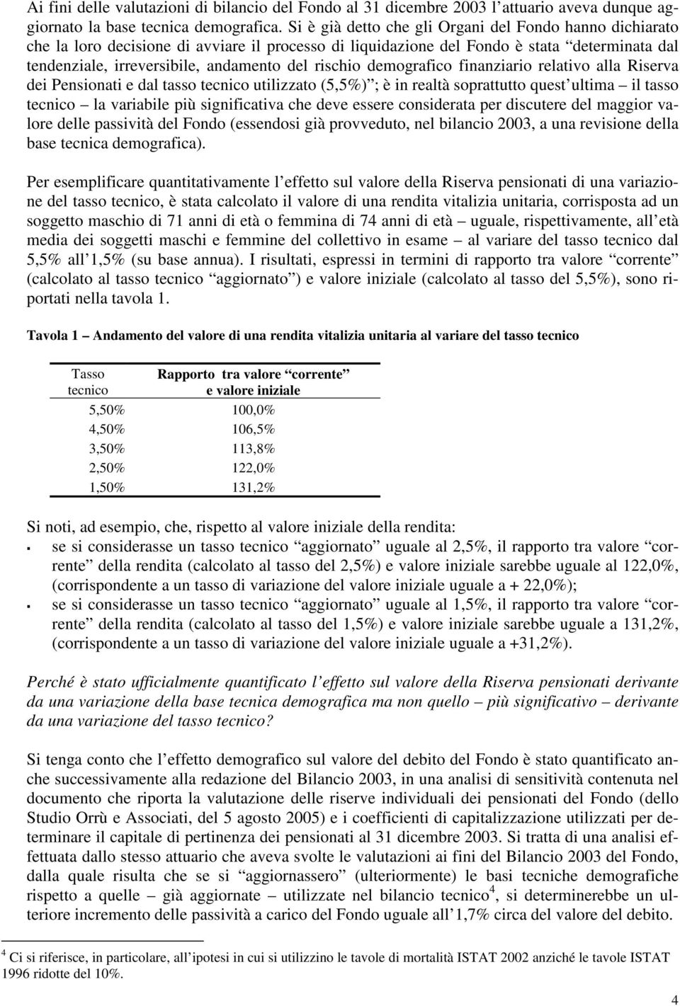 rischio demografico finanziario relativo alla Riserva dei Pensionati e dal tasso tecnico utilizzato (5,5%) ; è in realtà soprattutto quest ultima il tasso tecnico la variabile più significativa che