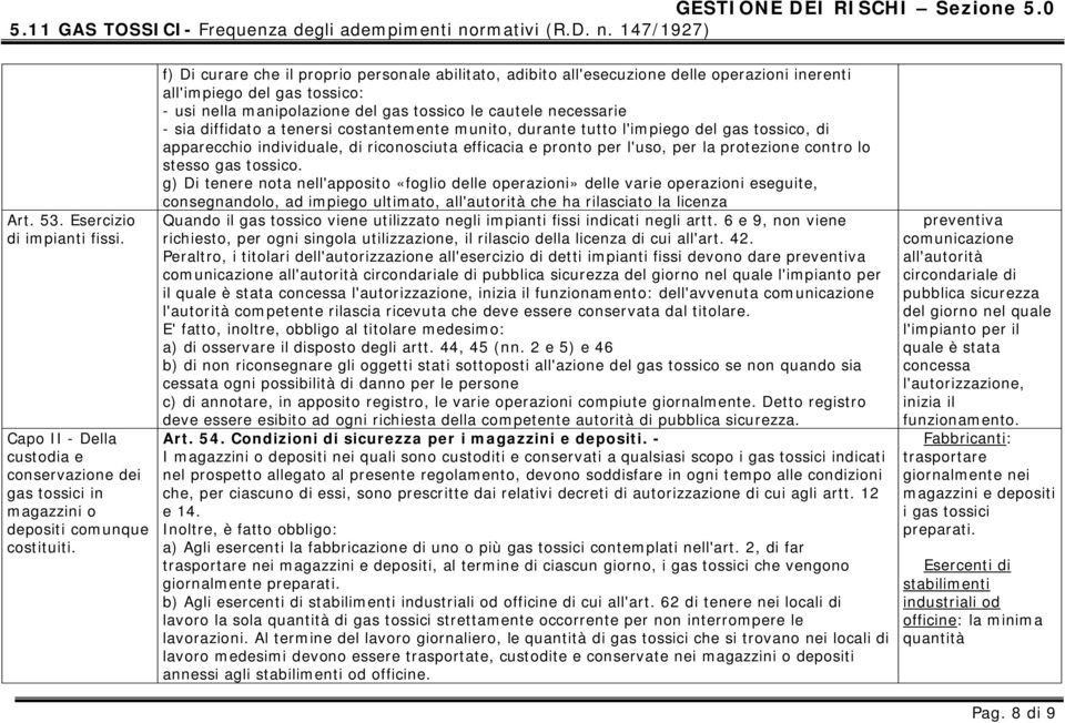 f) Di curare che il proprio personale abilitato, adibito all'esecuzione delle operazioni inerenti all'impiego del gas tossico: - usi nella manipolazione del gas tossico le cautele necessarie - sia