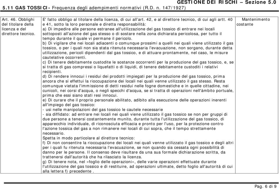 40 e 41, sotto la loro personale e diretta responsabilità: a) Di impedire alle persone estranee all'utilizzazione del gas tossico di entrare nei locali sottoposti all'azione del gas stesso o di