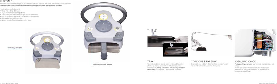 Attivazione acqua al bicchiere; Gestione della Telecamera intra-extra orale. pedale a pressione pedale a comando laterale tray Tavoletta portatray con braccio posizionabile vicino all area operativa.
