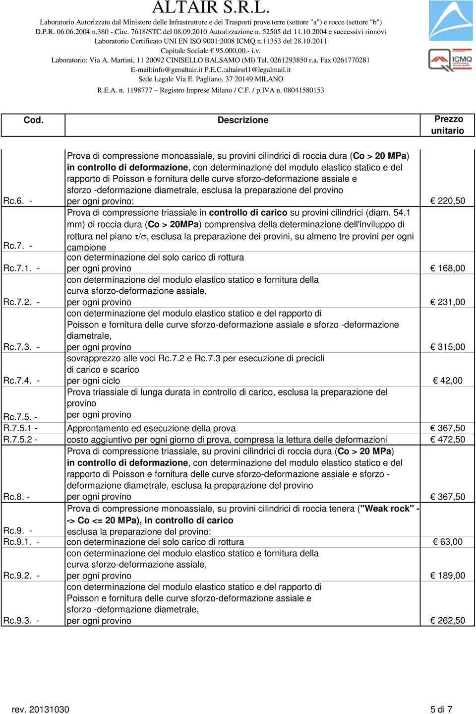 - Prova di compressione triassiale in controllo di carico su provini cilindrici (diam. 54.