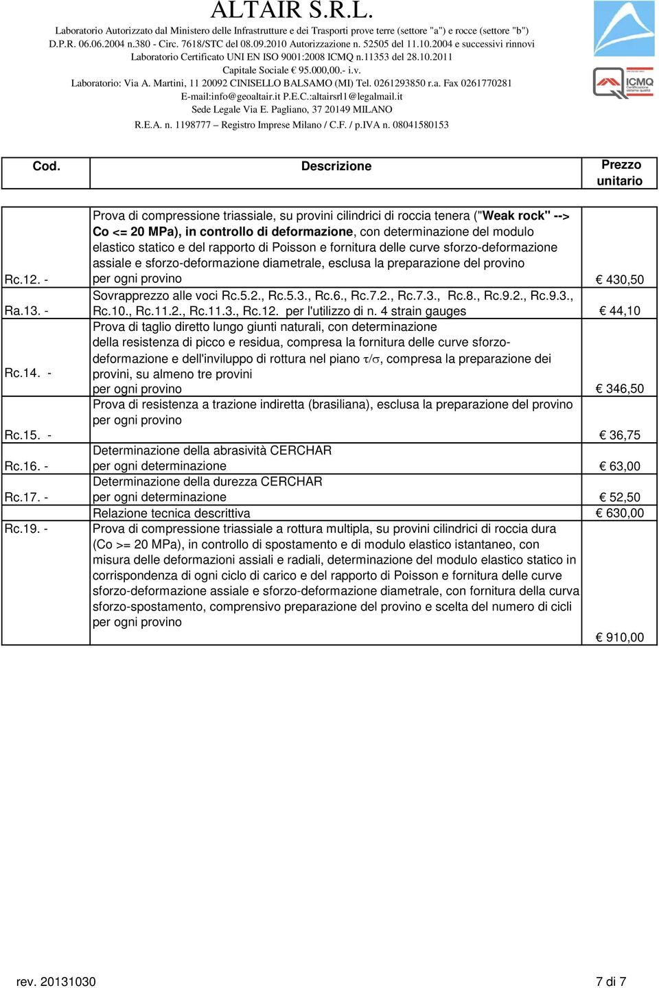 di Poisson e fornitura delle curve sforzo-deformazione assiale e sforzo-deformazione diametrale, esclusa la preparazione del provino 430,50 Sovrapprezzo alle voci Rc.5.2., Rc.5.3., Rc.6., Rc.7.2., Rc.7.3., Rc.8.