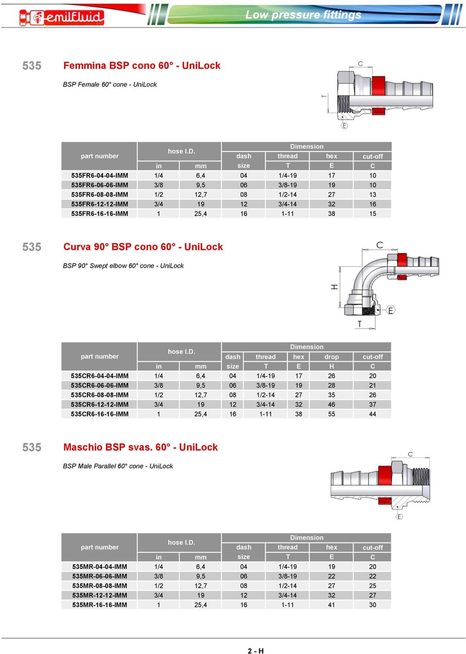 Dimension dash thread hex drop cut-off in mm size T E H 535R6-04-04-IMM 1/4 6,4 04 1/4-19 17 26 20 535R6-06-06-IMM 3/8 9,5 06 3/8-19 19 28 21 535R6-08-08-IMM 1/2 12,7 08 1/2-14 27 35 26