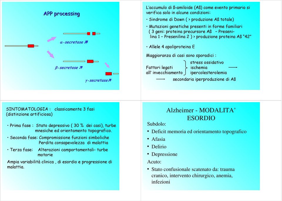 ossidativo Fattori legati ischemia all invecchiamento ipercolesterolemia secondaria iperproduzione di Aß SINTOMATOLOGIA : classicamente 3 fasi (distinzione artificiosa) Prima fase : Stato depressivo