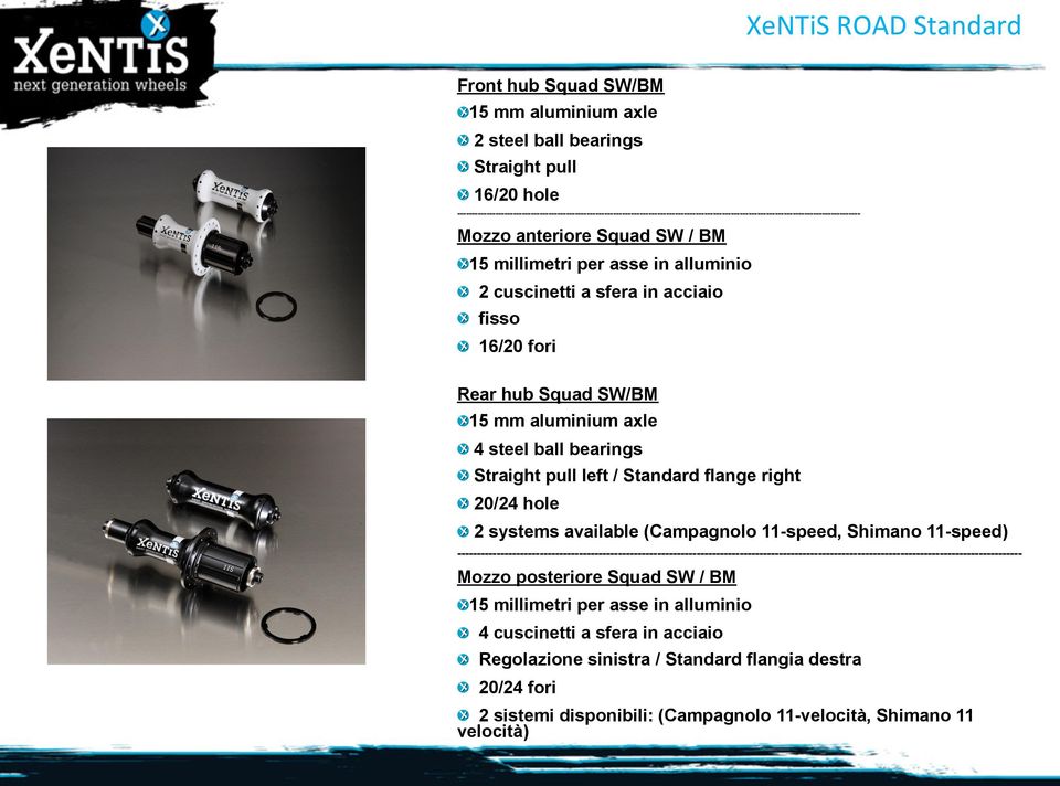 alluminio 2 cuscinetti a sfera in acciaio fisso 16/20 fori Rear hub Squad SW/BM 15 mm aluminium axle 4 steel ball bearings Straight pull left / Standard flange right 20/24 hole 2 systems available