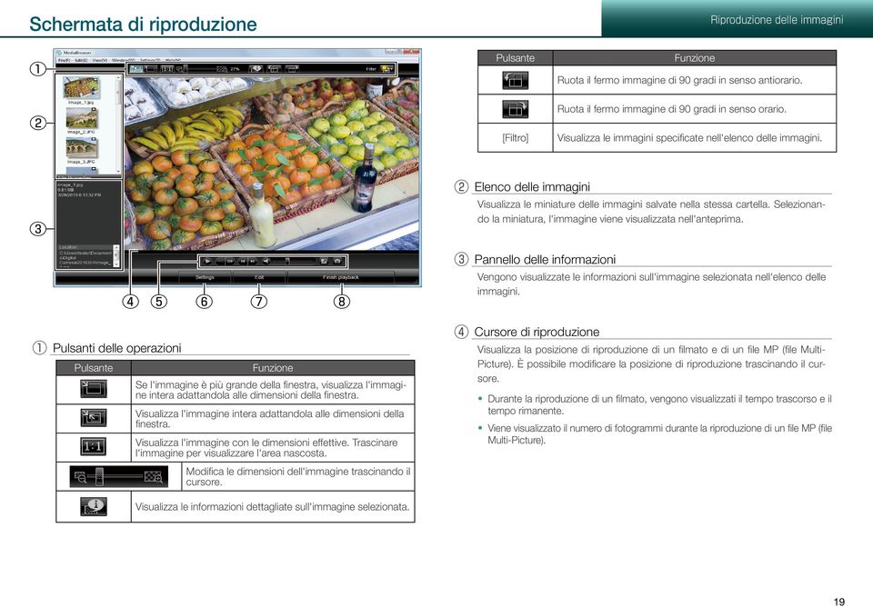 Selezionando la miniatura, l'immagine viene visualizzata nell'anteprima. 3 Pannello delle informazioni Vengono visualizzate le informazioni sull'immagine selezionata nell'elenco delle immagini.