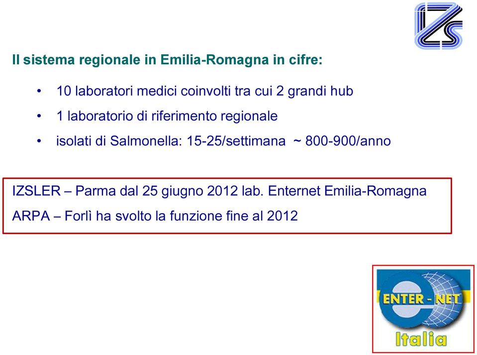 isolati di Salmonella: 15-25/settimana ~ 800-900/anno IZSLER Parma dal 25