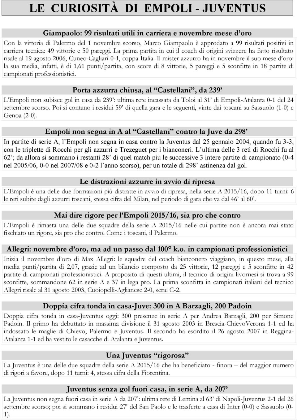 Il mister azzurro ha in novembre il suo mese d oro: la sua media, infatti, è di 1,61 punti/partita, con score di 8 vittorie, 5 pareggi e 5 sconfitte in 18 partite di campionati professionistici.