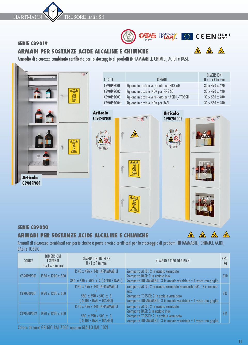 INOX per BASI C39020P001 30 x 490 x 420 30 x 490 x 420 30 x 550 x 480 30 x 550 x 480 C39020P002 C39019P001 Serie C39020 ARMADI per SOSTANZE ACIDE ALCALINE E CHIMICHE Armadi di sicurezza combinati con