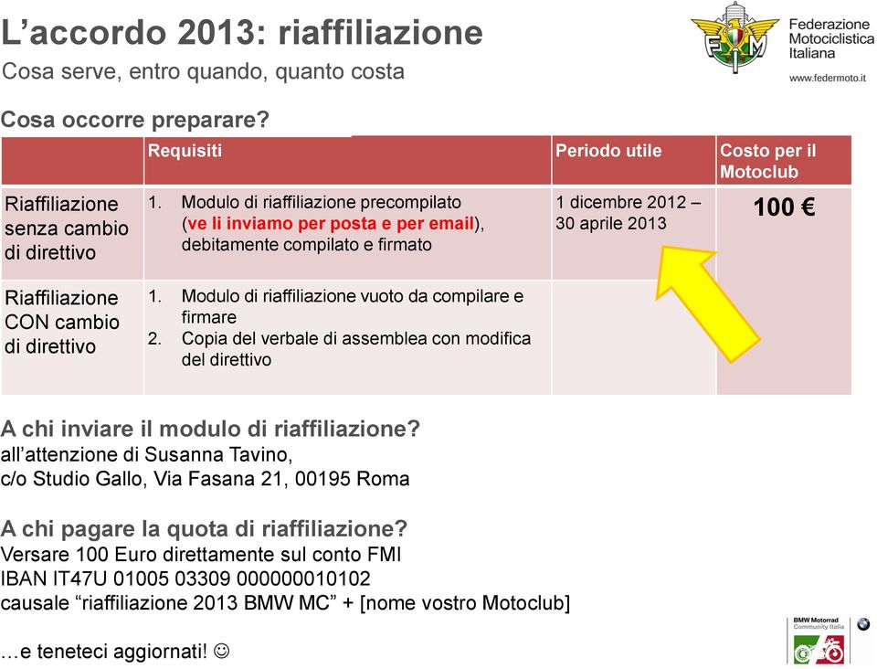 Modulo di riaffiliazione vuoto da compilare e firmare 2. Copia del verbale di assemblea con modifica del direttivo A chi inviare il modulo di riaffiliazione?