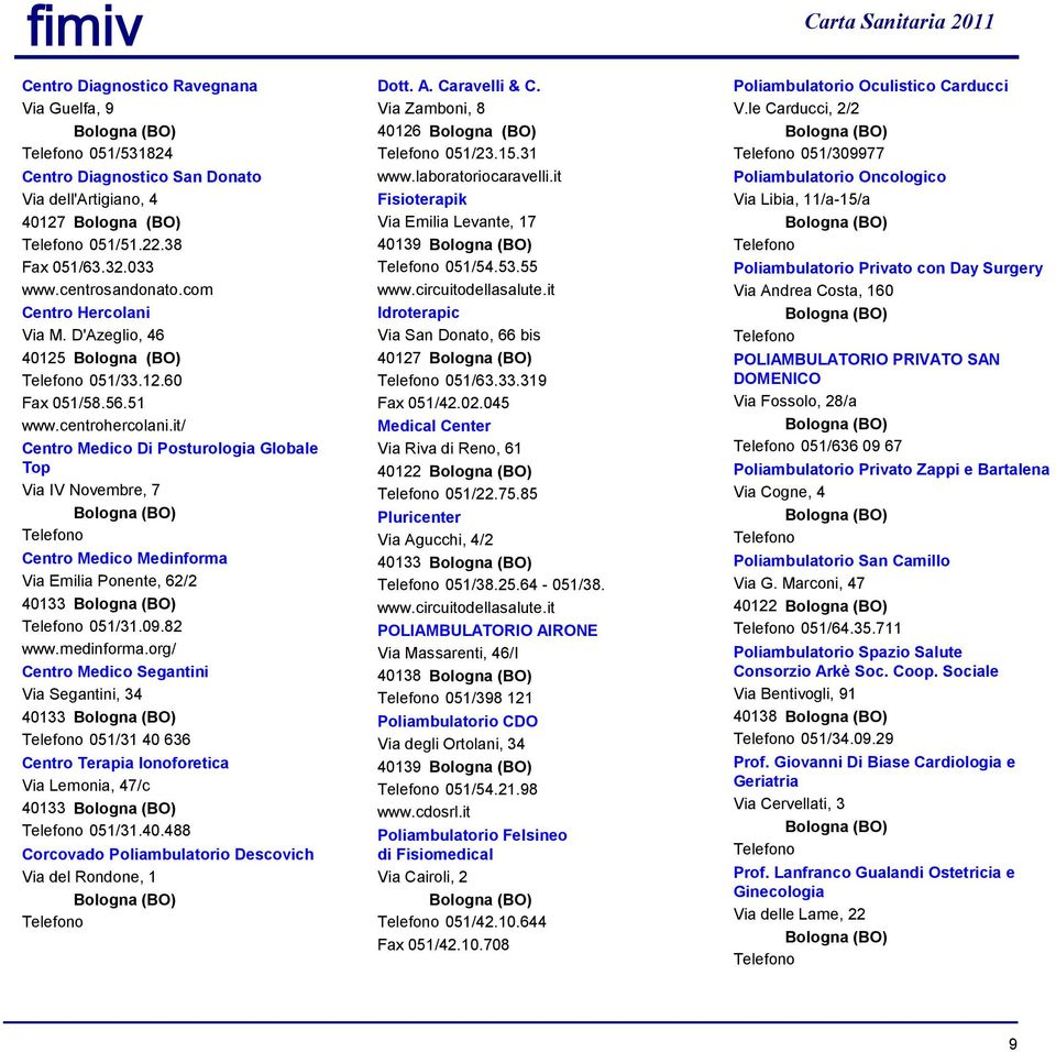 09.82 www.medinforma.org/ Centro Medico Segantini Via Segantini, 34 40133 051/31 40 636 Centro Terapia Ionoforetica Via Lemonia, 47/c 40133 051/31.40.488 Corcovado Poliambulatorio Descovich Via del Rondone, 1 Dott.