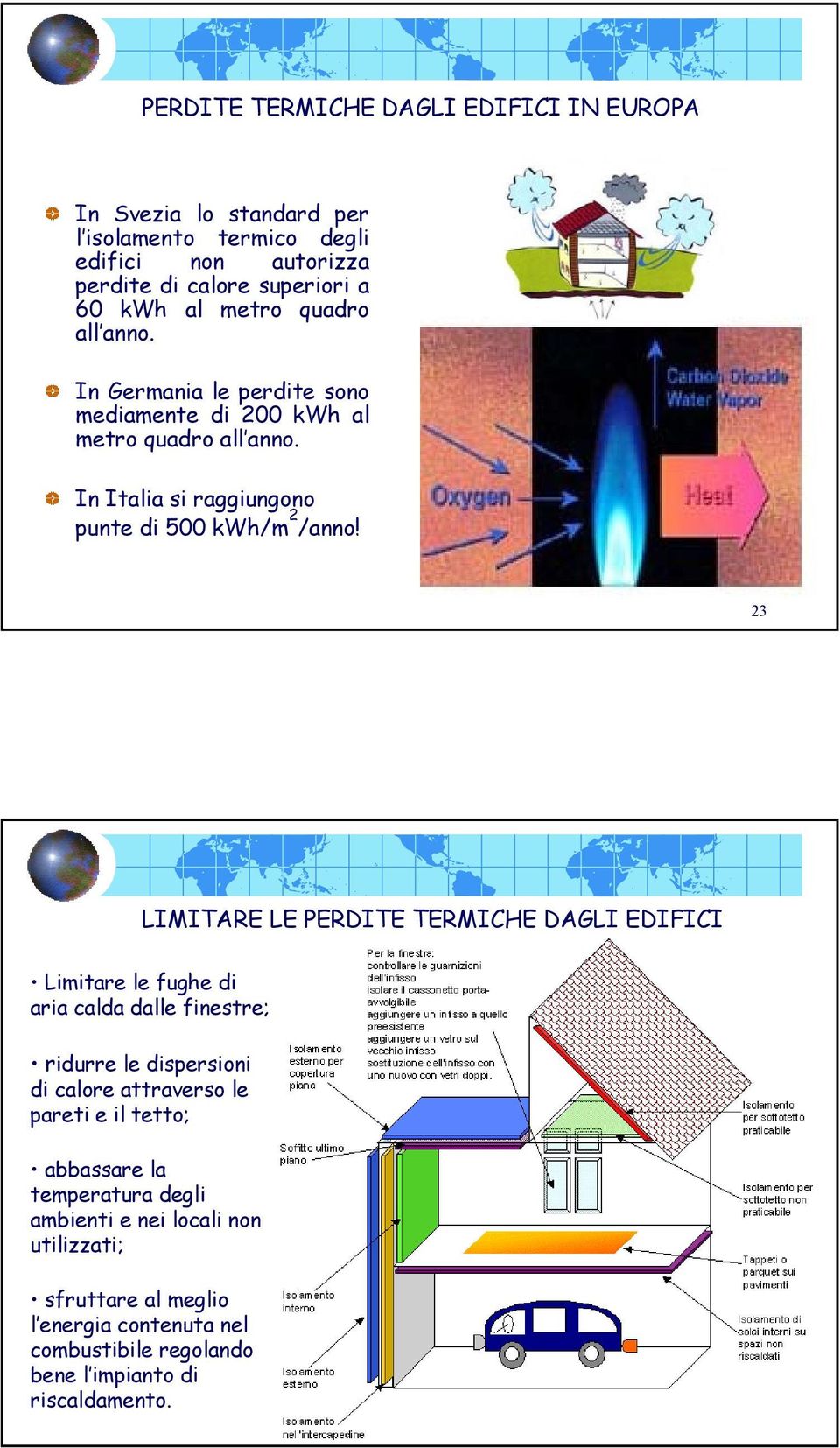 23 LIMITARE LE PERDITE TERMICHE DAGLI EDIFICI Limitare le fughe di aria calda dalle finestre; ridurre le dispersioni di calore attraverso le pareti e il tetto;