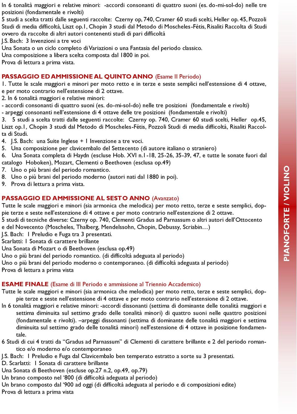 45, Pozzoli Studi di media difficoltà, Liszt op.1, Chopin 3 studi dal Metodo di Moscheles-Fétis, Risaliti Raccolta di Studi ovvero da raccolte di altri autori contenenti studi di pari difficoltà J.S. Bach: 3 Invenzioni a tre voci Una Sonata o un ciclo completo di Variazioni o una Fantasia del periodo classico.