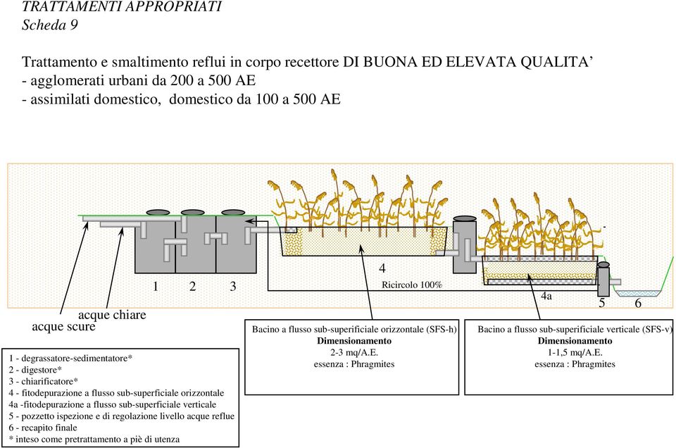 verticale - pozzetto ispezione e di regolazione livello acque reflue 6 - recapito finale * inteso come pretrattamento a piè di utenza 4 Ricircolo 100% Bacino a flusso