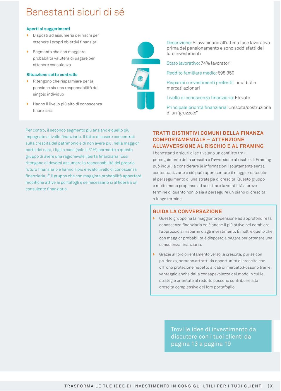 Descrizione: Si avvicinano all ultima fase lavorativa prima del pensionamento e sono soddisfatti dei loro investimenti Stato lavorativo: 74% lavoratori Reddito familiare medio: 98.