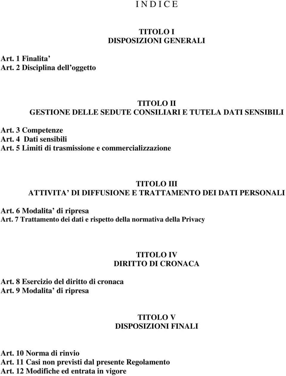 6 Modalita di ripresa Art. 7 Trattamento dei dati e rispetto della normativa della Privacy Art. 8 Esercizio del diritto di cronaca Art.