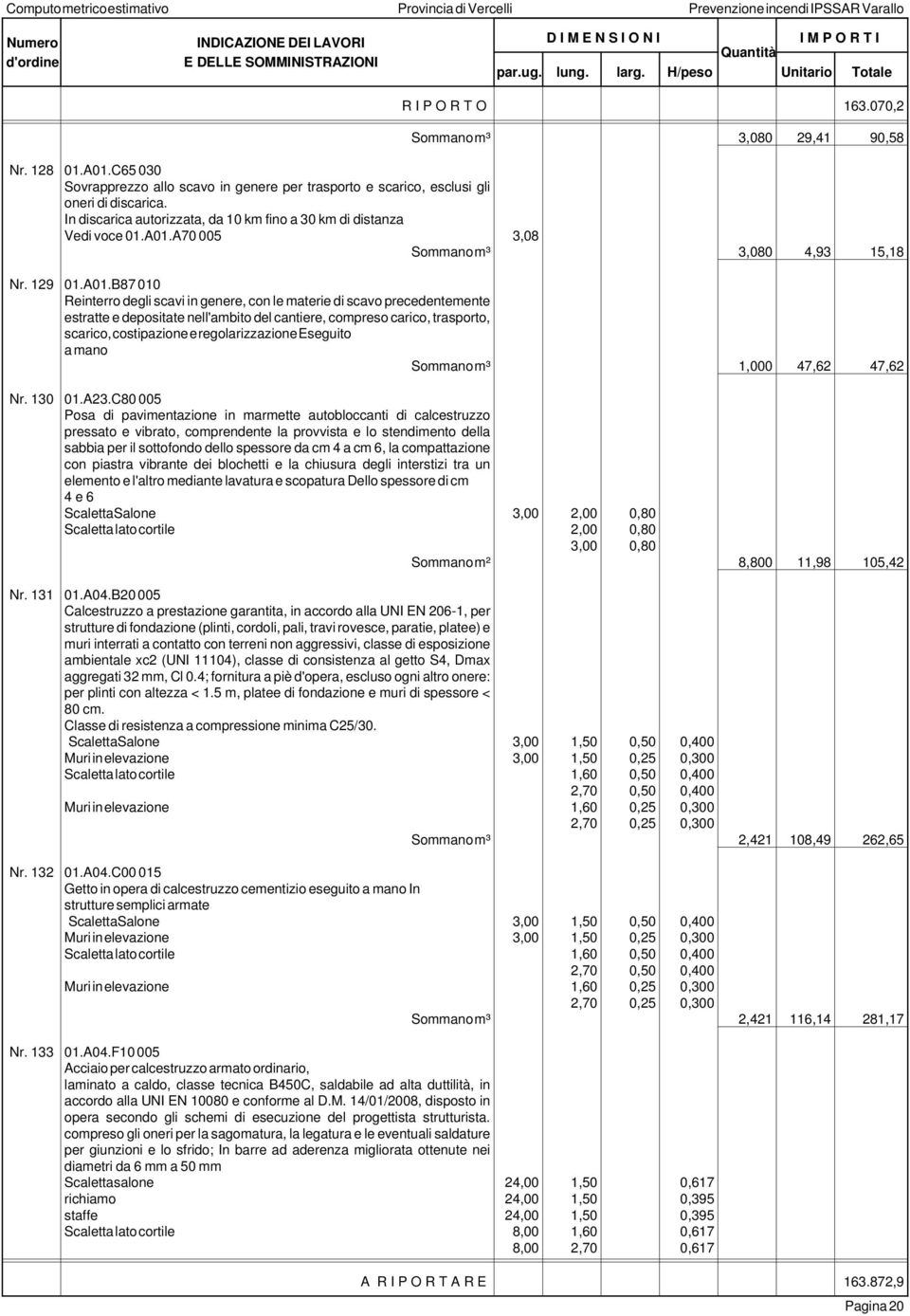 A70 005 3,08 Sommano m³ 3,080 4,93 15,18 Nr. 129 01.A01.