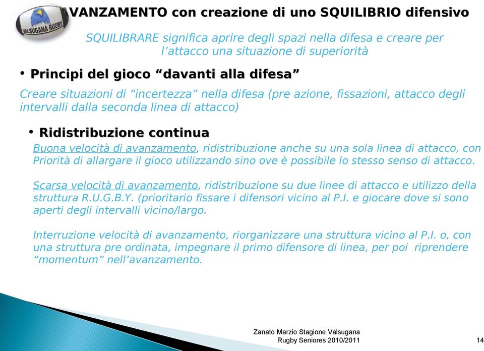 anche su una sola linea di attacco, con Priorità di allargare il gioco utilizzando sino ove è possibile lo stesso senso di attacco.