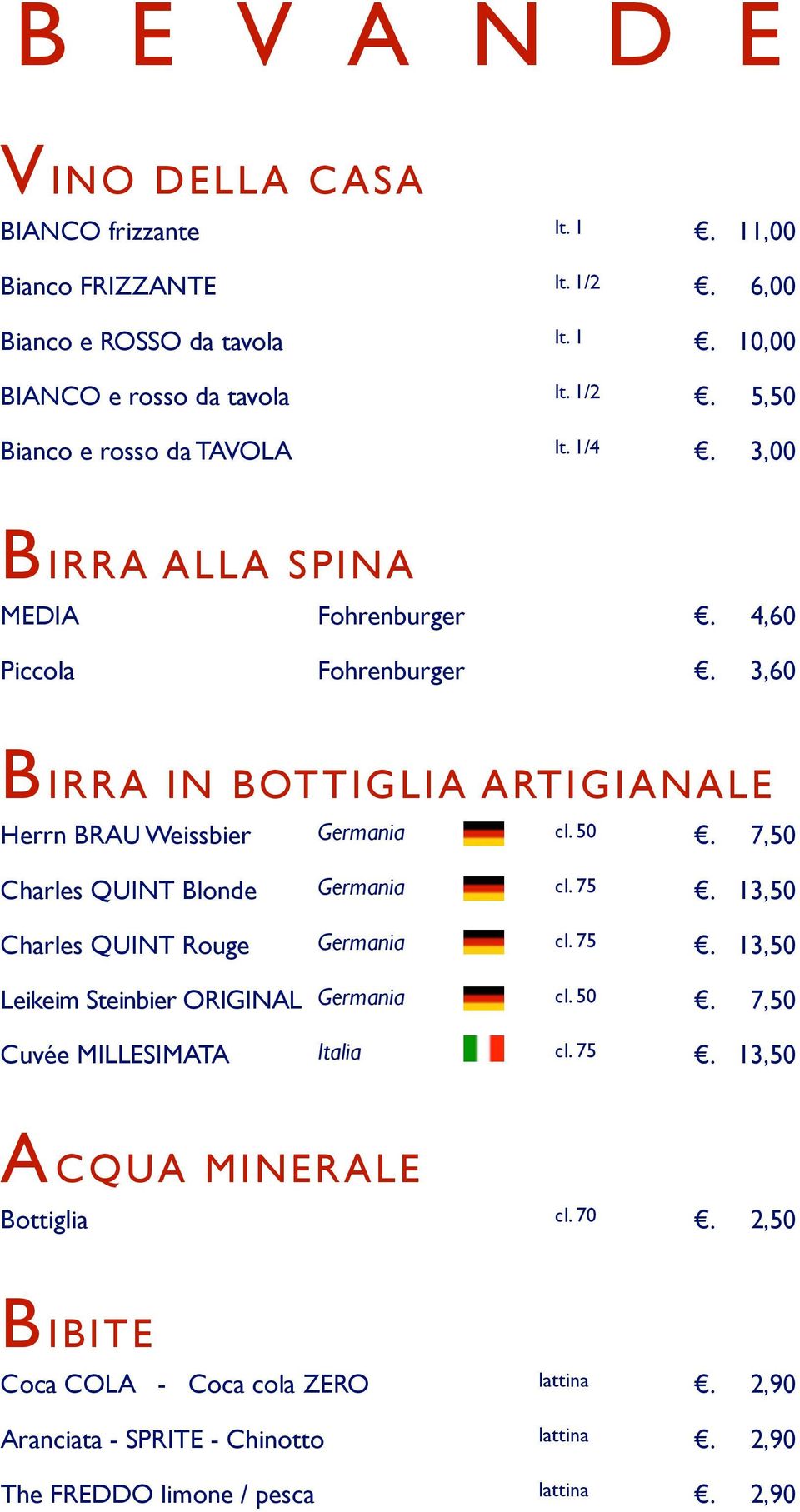 7,50 Charles QUINT Blonde Charles QUINT Rouge Germania cl. 75. 13,50 Germania cl. 75. 13,50 Leikeim Steinbier ORIGINAL Germania cl. 50. 7,50 Cuvée MILLESIMATA Italia cl. 75. 13,50 A CQUA MINERALE Bottiglia cl.