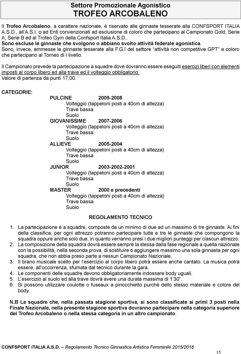 I del settore attività non competitive GPT e coloro che partecipano al Torneo di I livello.