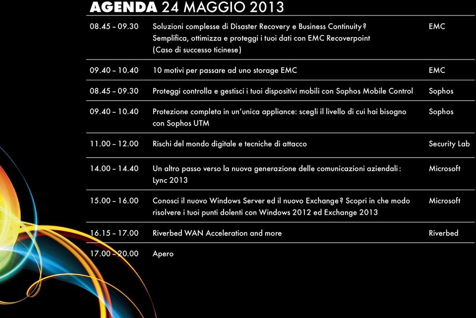 00 12.00 Rischi del mondo digitale e tecniche di attacco Security Lab 14.00 14.40 Un altro passo verso la nuova generazione delle comunicazioni aziendali : Lync 2013 15.00 16.