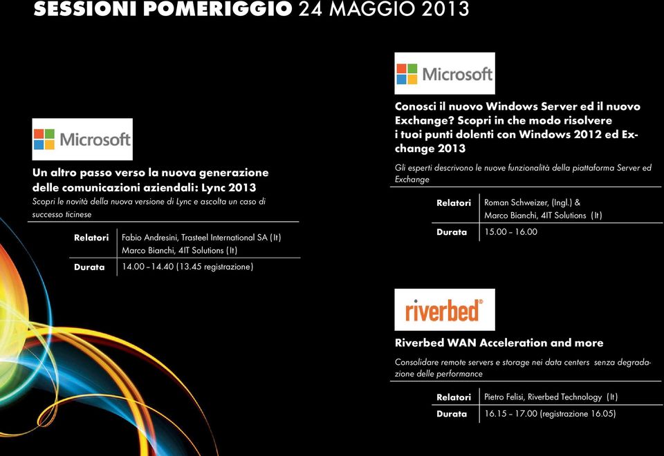 versione di Lync e ascolta un caso di successo ticinese Fabio Andresini, Trasteel International SA (It) Marco Bianchi, 4IT Solutions (It) 14.00 14.40 (13.