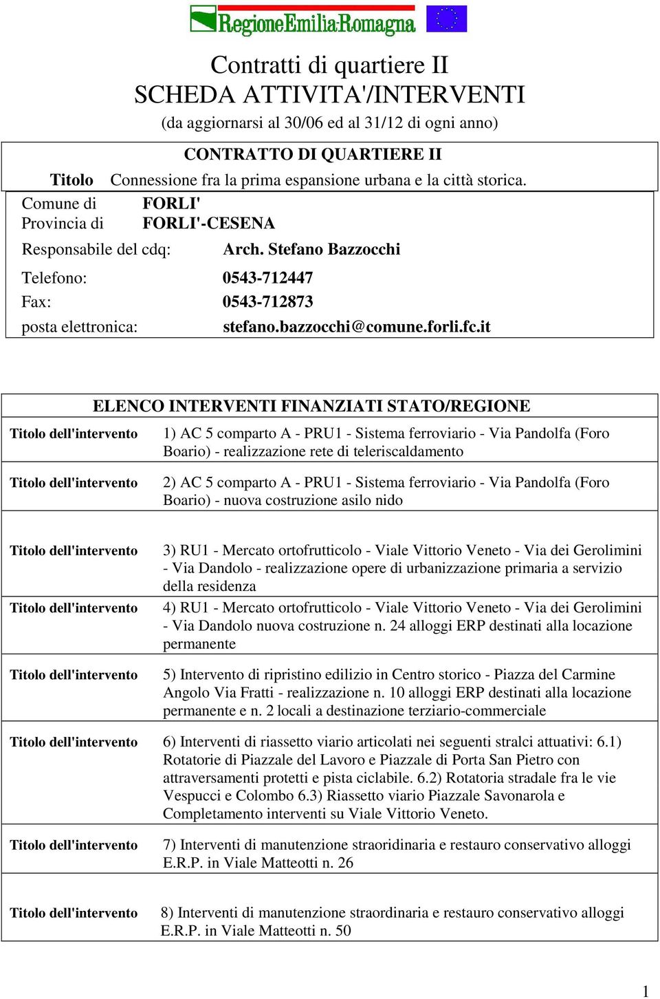 it Titolo dell'intervento ELENCO INTERVENTI FINANZIATI STATO/REGIONE 1) AC 5 comparto A - PRU1 - Sistema ferroviario - Via Pandolfa (Foro Boario) - realizzazione rete di teleriscaldamento Titolo