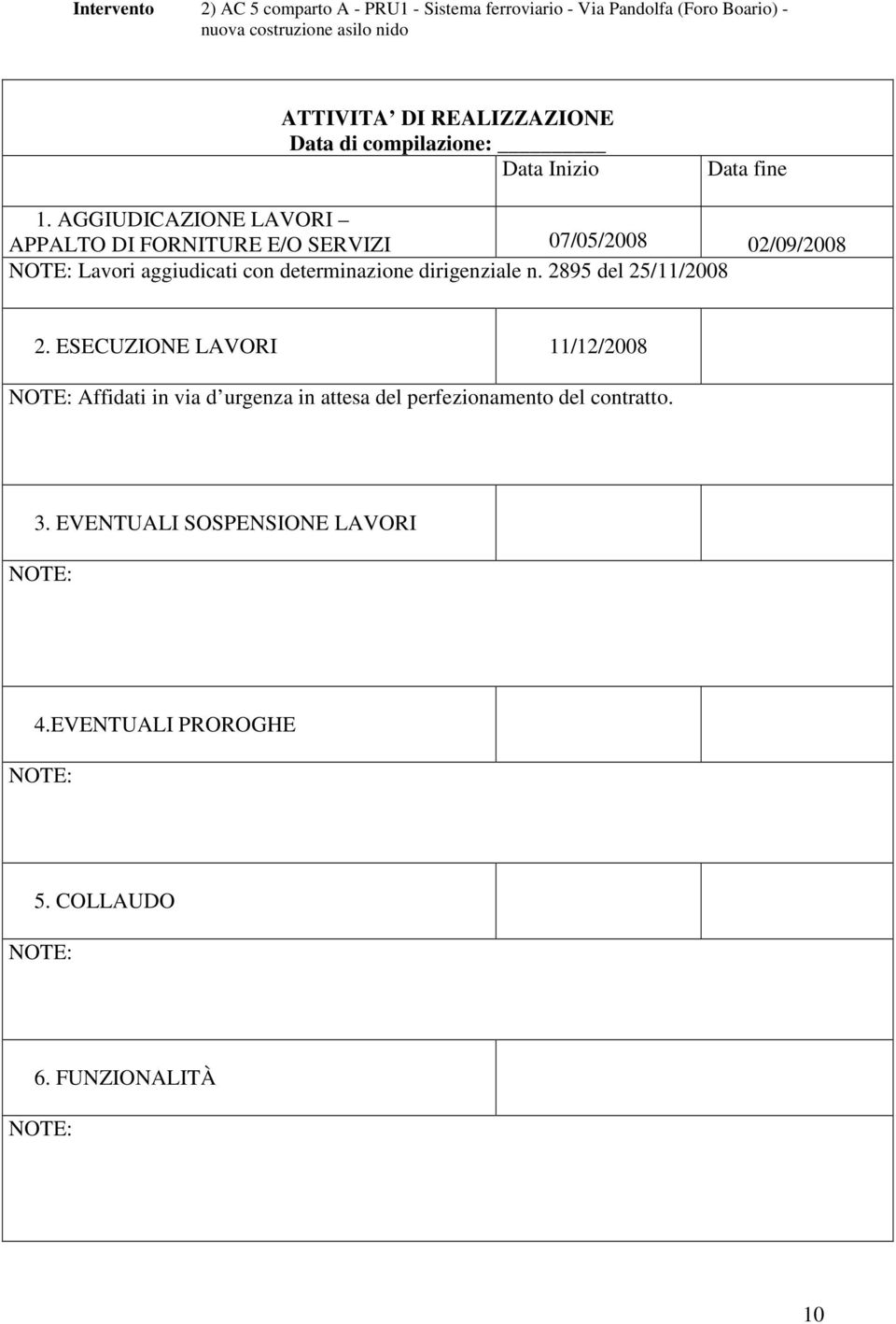 AGGIUDICAZIONE LAVORI APPALTO DI FORNITURE E/O SERVIZI 07/05/2008 02/09/2008 Lavori aggiudicati con determinazione dirigenziale n.