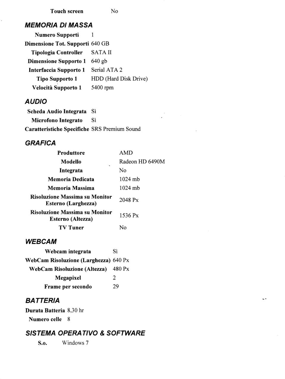 (Hard Disk Drive) 5400 rpm Caratteristiche Specifiche SRS Premium Sound GRAFICA Produttore Modello Integrata Memoria Dedicata Memoria Massima Risoluzione Massima su Monitor Esterno (Larghezza)