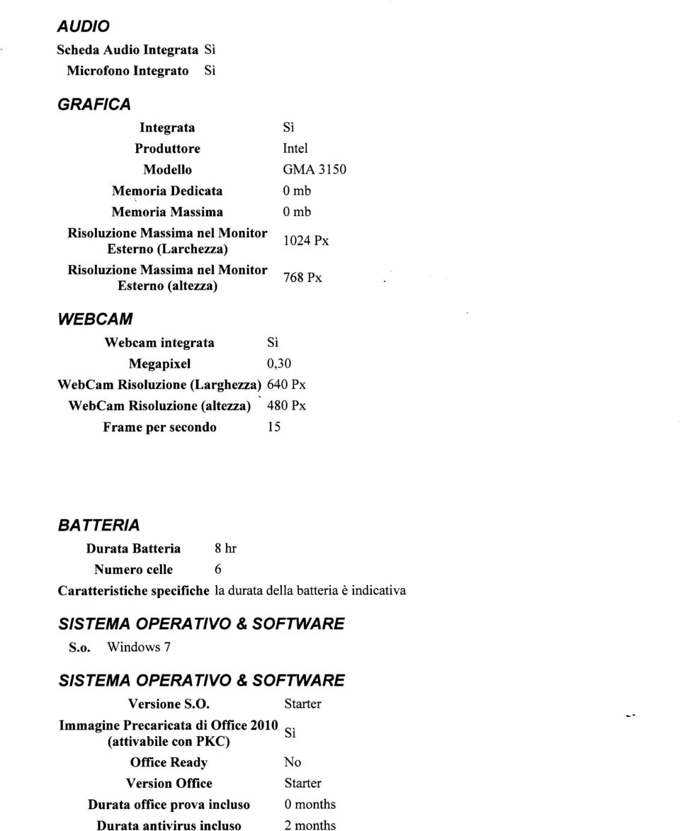 secondo 15 BATTERIA Durata Batteria Numero celle 6 8 ht Caratteristiche specifiche la durata della batteria è indicativa SISTEMA OPERATIVO & SOFTWARE S.o. Windows 7 SISTEMA OPERATIVO & SOFTWARE Versione S.