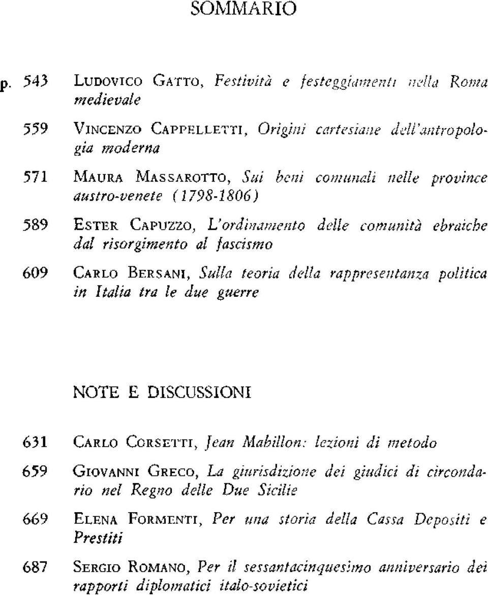 province austro-venete (1798-1806) 589 ESTER CAPUZZO, L'ordinamento delle comunità ebraiche dal risorgimento al fascismo 609 CARLO BERSANI, Sulla teoria della rappresentanza politica