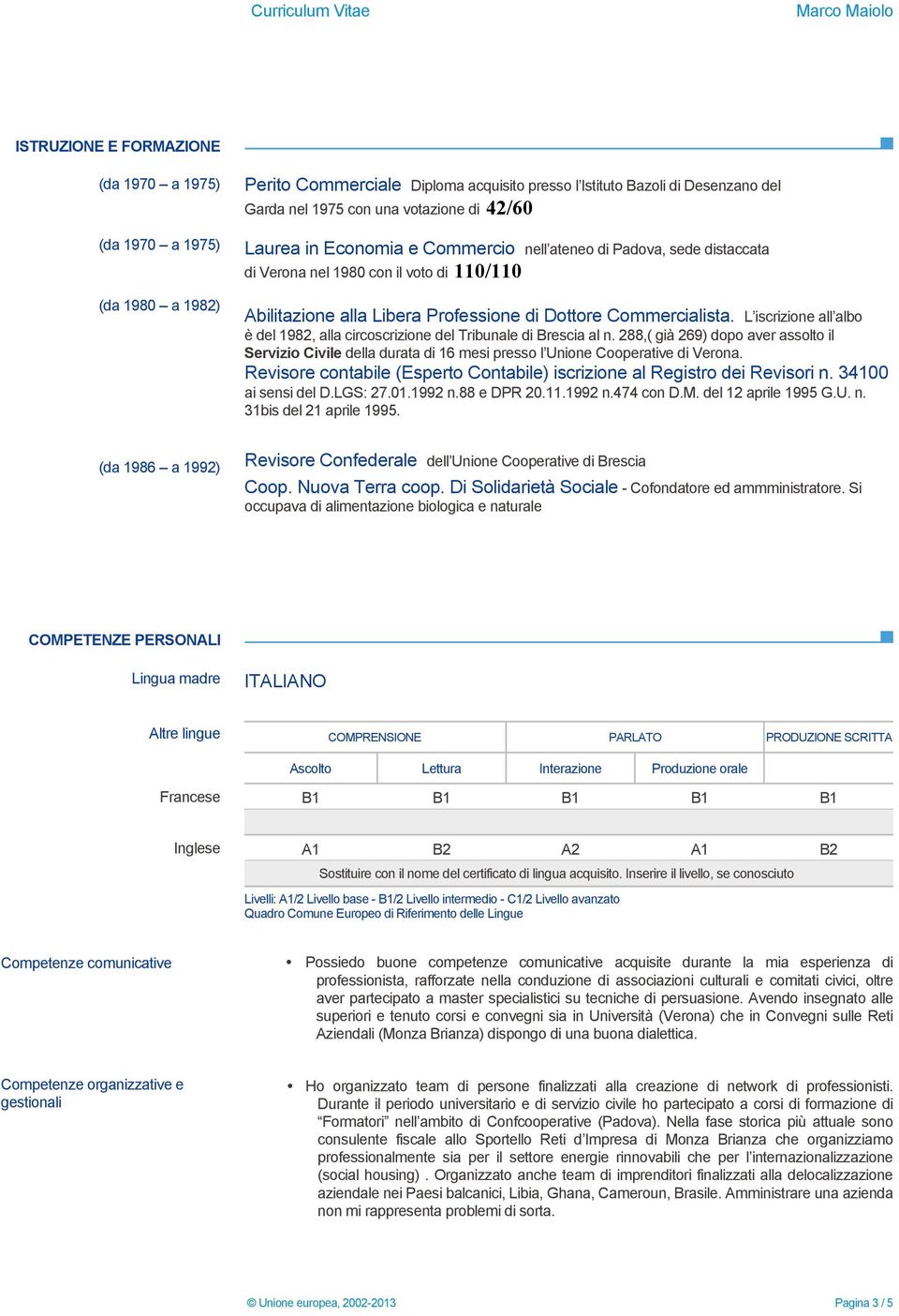 L iscrizine all alb è del 1982, alla circscrizine del Tribunale di Brescia al n. 288,( già 269) dp aver asslt il Servizi Civile della durata di 16 mesi press l Unine Cperative di Verna.