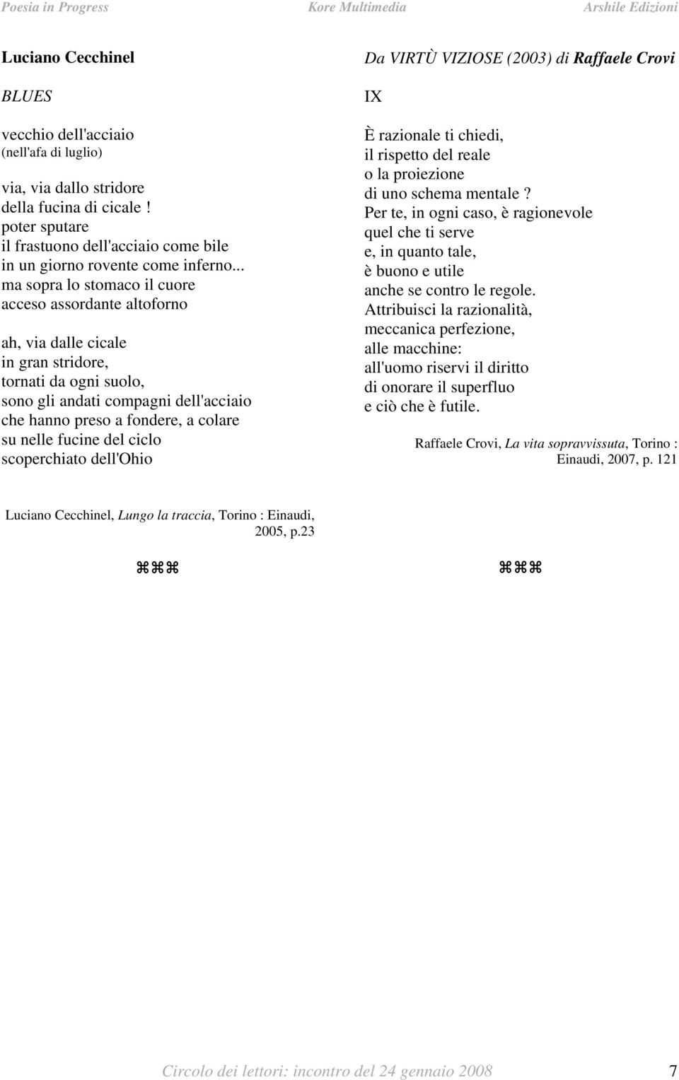 nelle fucine del ciclo scoperchiato dell'ohio Da VIRTÙ VIZIOSE (2003) di Raffaele Crovi IX È razionale ti chiedi, il rispetto del reale o la proiezione di uno schema mentale?